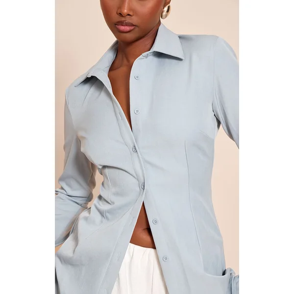Bleu Ciel Chemise Cintrée Tissée À Fines Rayures