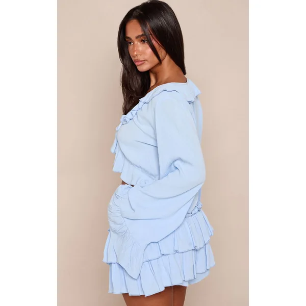 Bleu Ciel Haut Petite À Manches Longues En Tissu Gaze Avec Volants Et Lien Noué Devant - Ensemble Coordonné