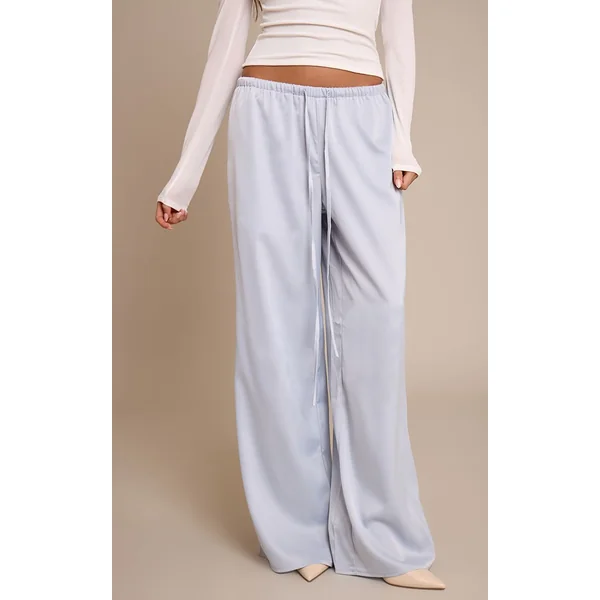 Bleu Ciel Pantalon Large En Satin Taille Basse Avec Lien À Nouer