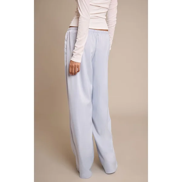 Bleu Ciel Pantalon Large En Satin Taille Basse Avec Lien À Nouer