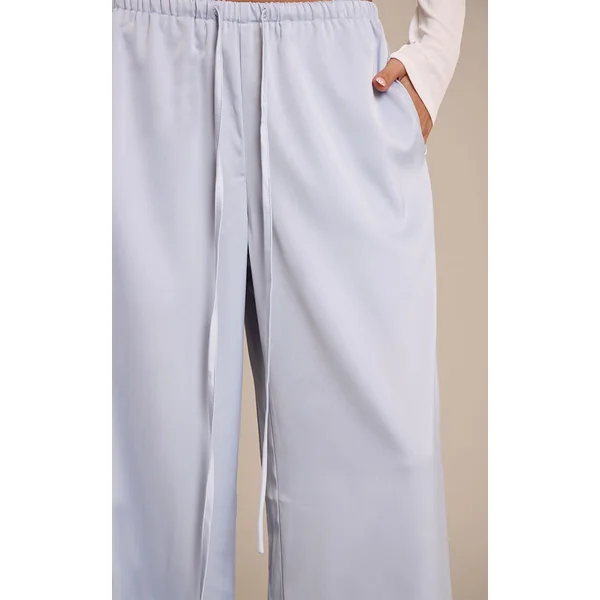 Bleu Ciel Pantalon Large En Satin Taille Basse Avec Lien À Nouer