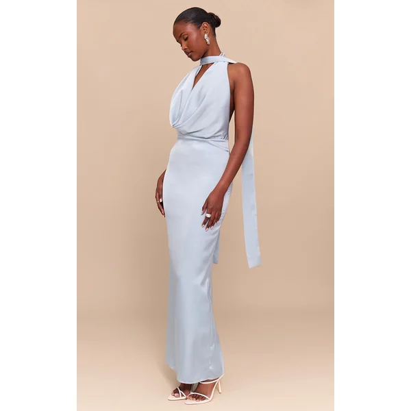 Bleu Ciel Robe Longue Drapée En Satin À Col Bénitier