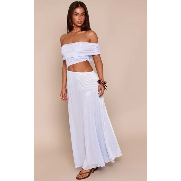 Bleu Ciel Robe Maxi En Mesh À Volants Et Découpes Petite