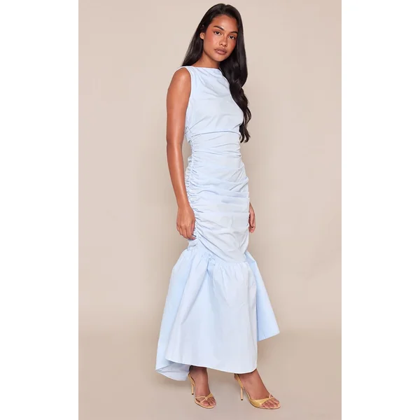 Bleu Ciel Robe Midaxi À Fronces Et Bas Évasé Patineuse