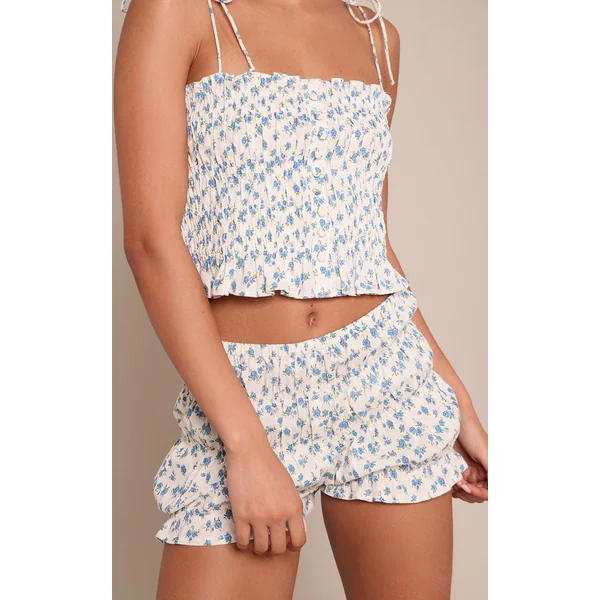 Bleu Ciel Short Froncé En Coton À Imprimé Fleuri Ditsy Coordonné