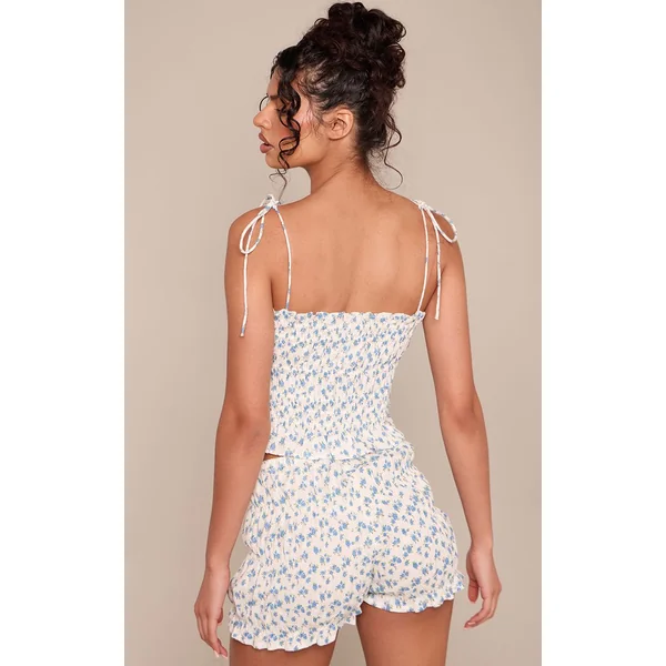 Bleu Ciel Short Froncé En Coton À Imprimé Fleuri Ditsy Coordonné