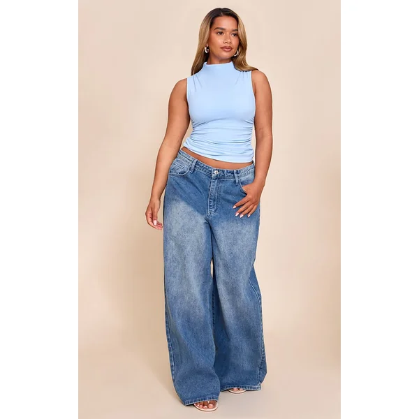 Bleu Ciel Top Sculptant Shape À Soutien-Gorge Intégré Col Bateau Et Côtés Froncés