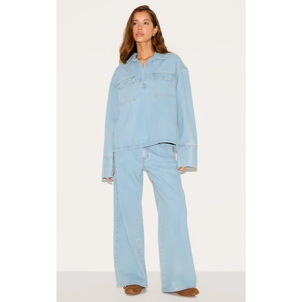 Bleu Clair Chemise De Rugby En Denim Décontractée À Manches Longues Bleu Vintage