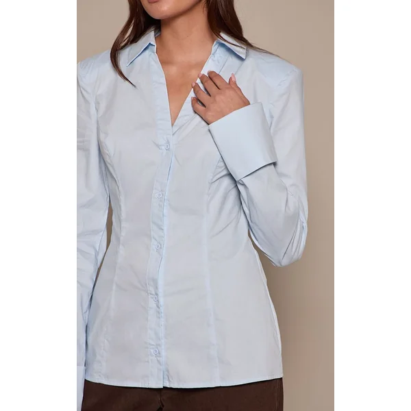 Bleu Clair Chemise En Coton À Épaulettes Et Détail De Poignets Froncés