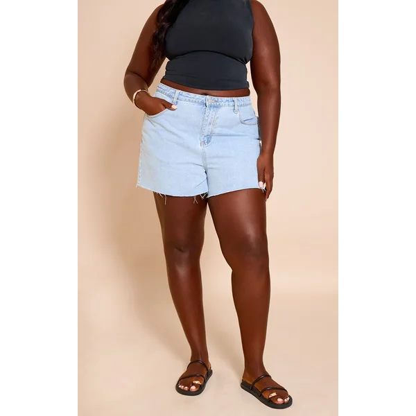 Bleu Clair Délavé Short En Jean À Ourlet Brut Grande Taille