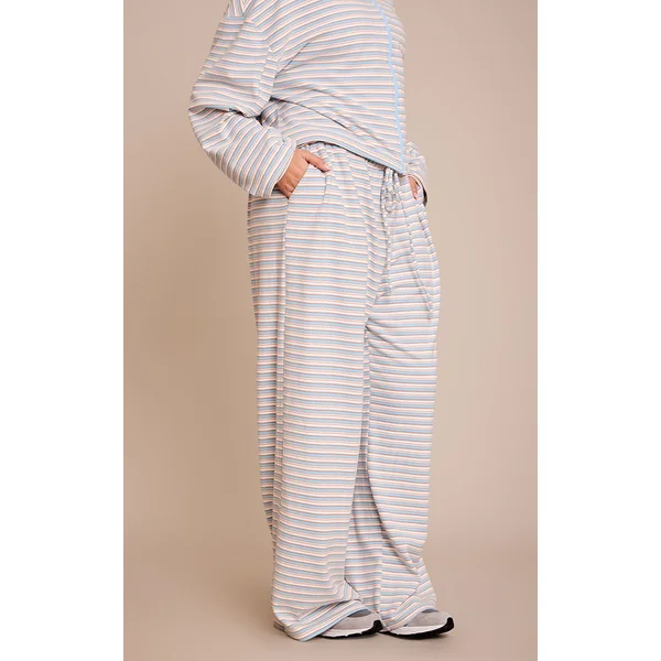 Bleu Clair Ensemble Coordonné Jogging Jambe Droite En Molleton Doux Rayé Grande Taille
