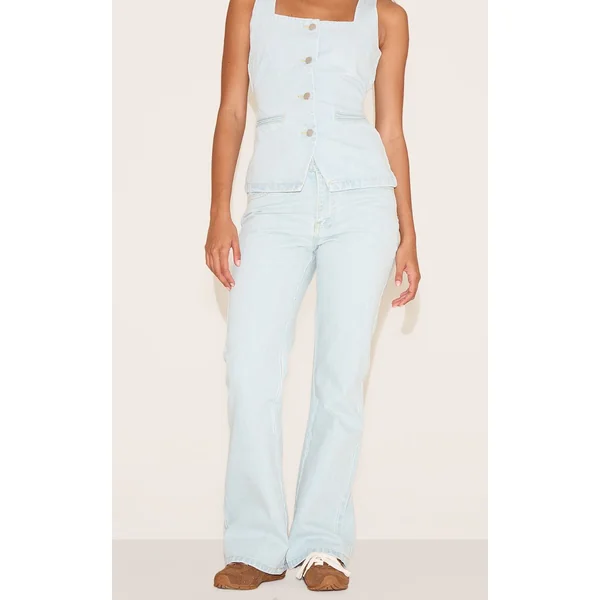 Bleu Clair Jean Droit Taille Mi-haute