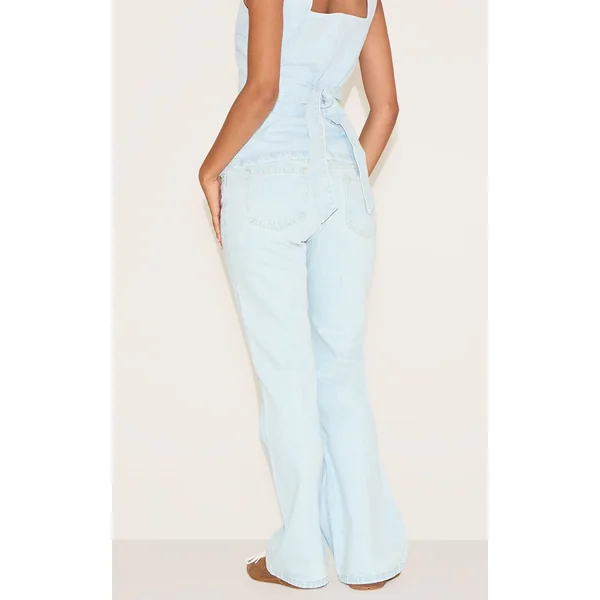 Bleu Clair Jean Droit Taille Mi-haute