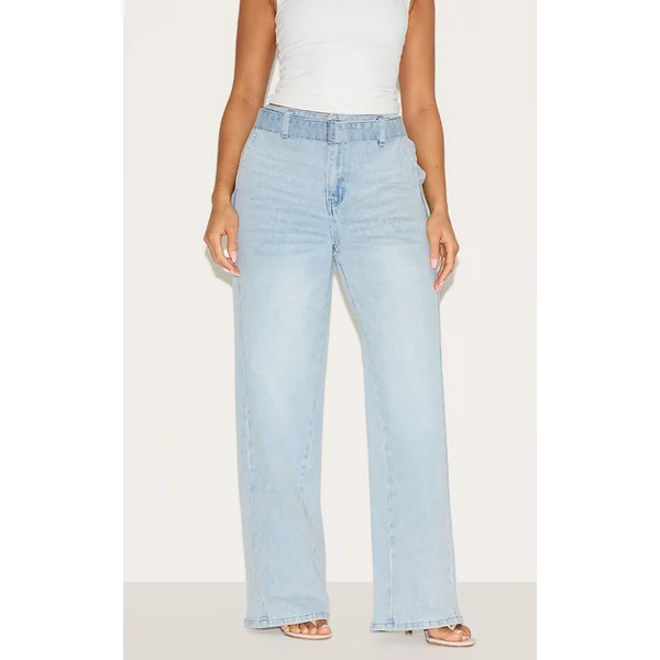 Bleu Clair Jean Large Taille Haute Ceinturé En Denim Stretch Shape