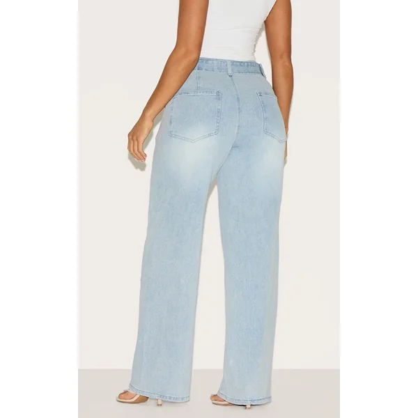 Bleu Clair Jean Large Taille Haute Ceinturé En Denim Stretch Shape