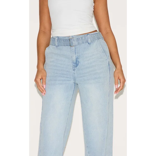 Bleu Clair Jean Large Taille Haute Ceinturé En Denim Stretch Shape