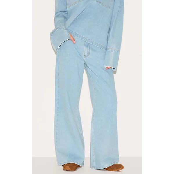 Bleu Clair Jean Large Taille Haute À Surpiqûres Contrastantes