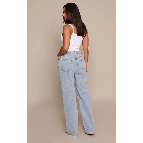 Bleu Clair Jean Petite Taille En Denim Bleu Clair À Taille Asymétrique Et Coupe Droite