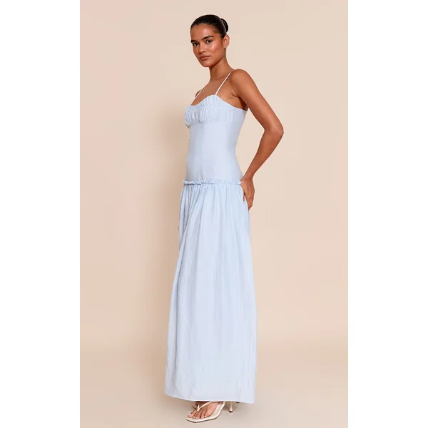 Bleu Clair Robe Longue Taille Basse À Buste Froncé