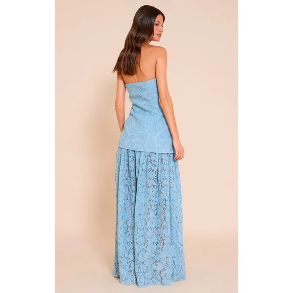 Bleu Clair Robe Midaxi Bandeau À Empiècements De Jupe En Dentelle Transparente