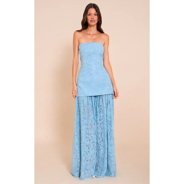 Bleu Clair Robe Midaxi Bandeau À Empiècements De Jupe En Dentelle Transparente