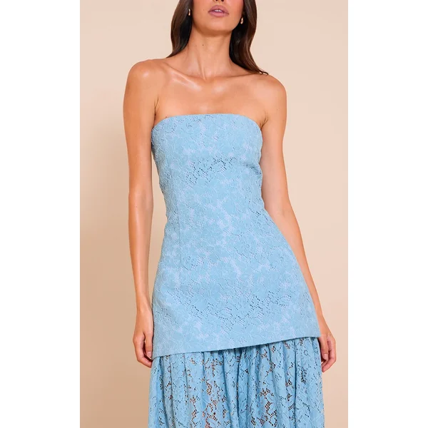 Bleu Clair Robe Midaxi Bandeau À Empiècements De Jupe En Dentelle Transparente