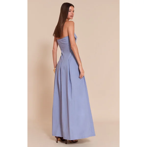 Bleu Clair Robe Mi-longue Plissée À Bustier