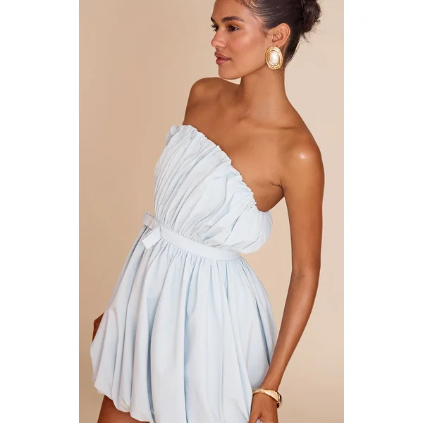 Bleu Clair Robe Mini Bouffante À Pois Avec Nœud