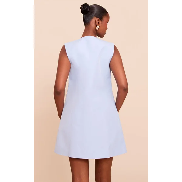 Bleu Clair Robe Mini Trapèze Boutonnée En Tissu Tissé Ajusté