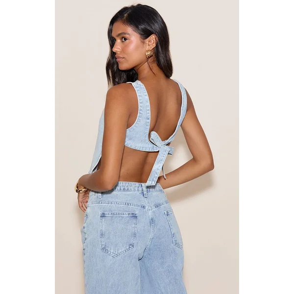 Bleu Clair Top En Denim Sans Manches Crème Beurre Avec Lien Au Dos