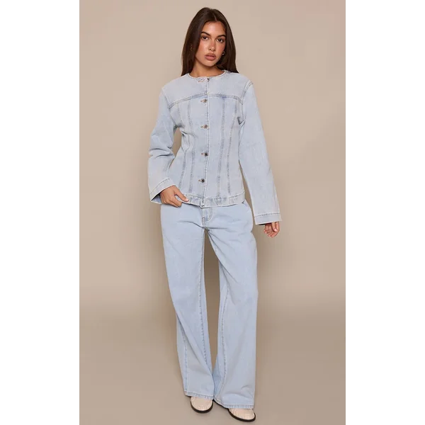 Bleu Clair Veste En Jean Cintrée À Manches Longues Avec Surpiqûres Contrastées