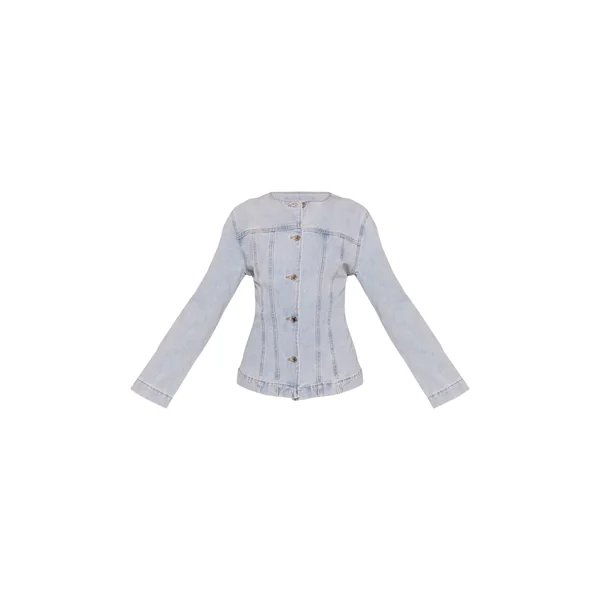 Bleu Clair Veste En Jean Cintrée À Manches Longues Avec Surpiqûres Contrastées