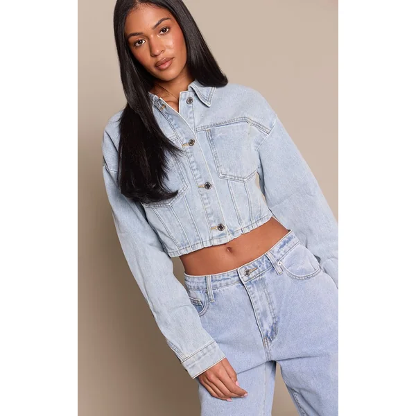 Bleu Clair Veste En Jean Courte À Manches Ballon Grande Taille