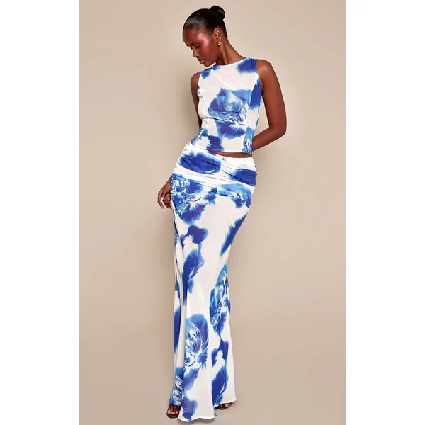 Bleu Cobalt Ensemble Jupe Longue En Mousseline Froncée À Imprimé Floral