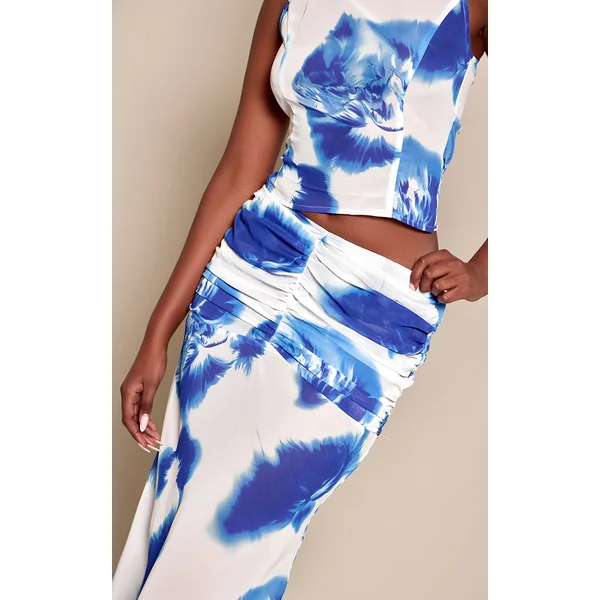 Bleu Cobalt Ensemble Jupe Longue En Mousseline Froncée À Imprimé Floral