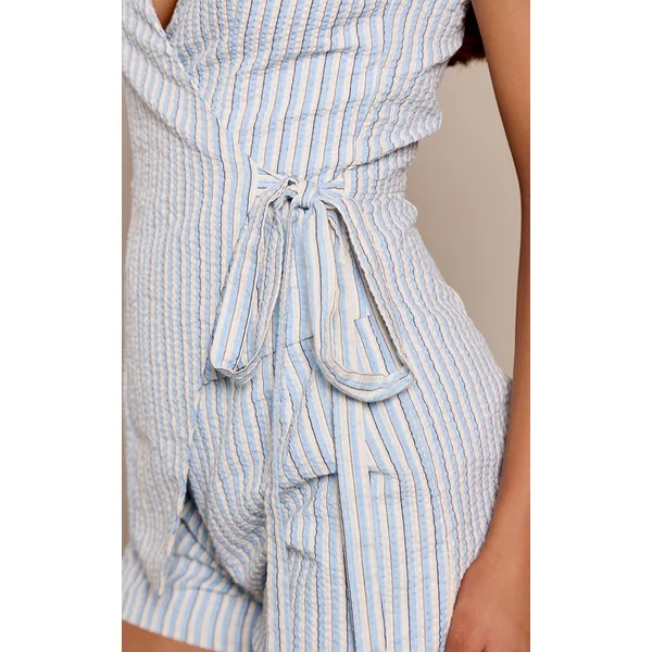 Bleu Combinaison-short À Rayures Fines Tissée Avec Détail Cache-cœur