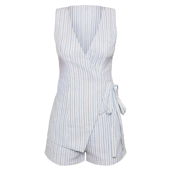 Bleu Combinaison-short À Rayures Fines Tissée Avec Détail Cache-cœur