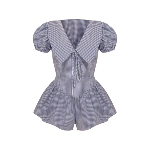 Bleu Combi-short À Jupe-culotte En Tissu Tissé À Carreaux Avec Détail Col