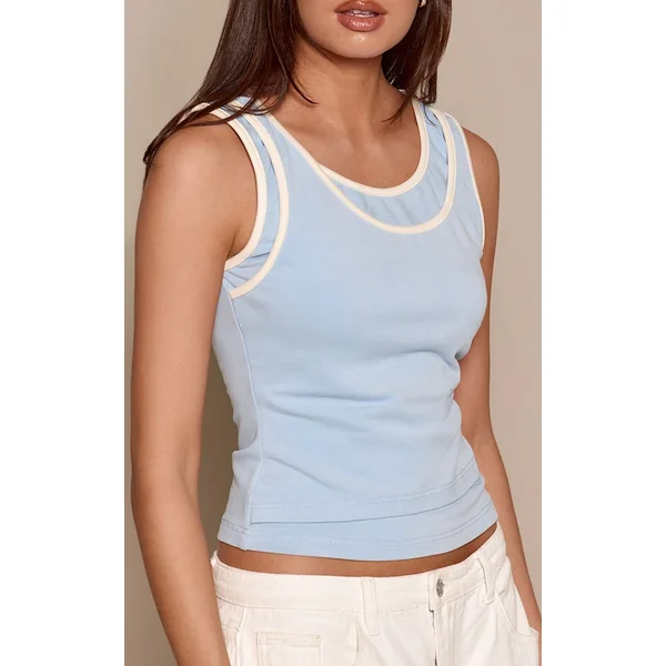 Bleu Débardeur Extensible Doux À Détails Contrastés