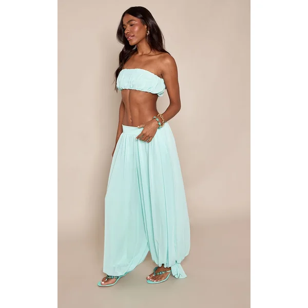 Bleu Ensemble Coordonné Pantalon Ballon Et Top En Mousseline Froncée Aqua