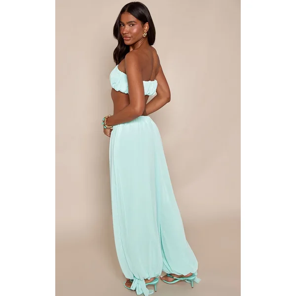 Bleu Ensemble Coordonné Pantalon Ballon Et Top En Mousseline Froncée Aqua