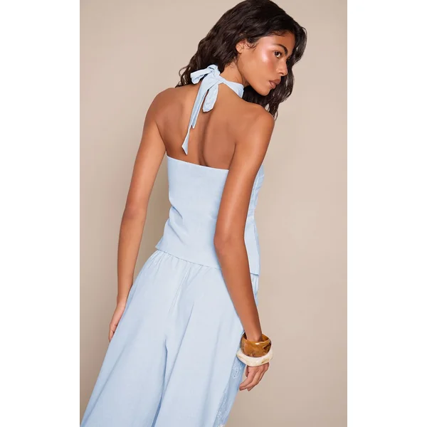 Bleu Ensemble Haut Dos Nageur En Coton Avec Détail Brodé Soleil