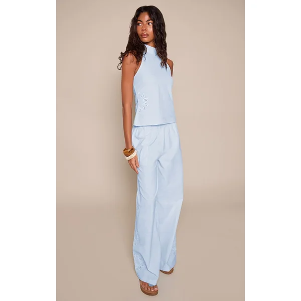 Bleu Ensemble Haut Dos Nageur En Coton Avec Détail Brodé Soleil