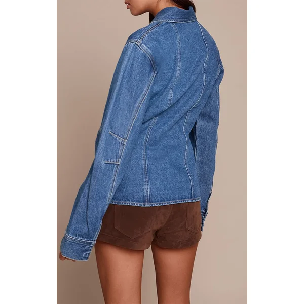 Bleu Foncé Chemise En Jean Cintrée À Manches Ballon