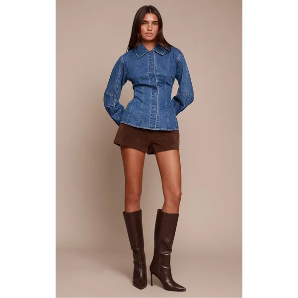 Bleu Foncé Chemise En Jean Cintrée À Manches Ballon