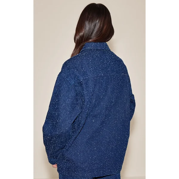 Bleu Foncé Chemise Oversize En Denim Bouclé À Patte De Boutonnage Dissimulée