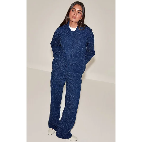 Bleu Foncé Chemise Oversize En Denim Bouclé À Patte De Boutonnage Dissimulée