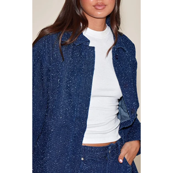 Bleu Foncé Chemise Oversize En Denim Bouclé À Patte De Boutonnage Dissimulée
