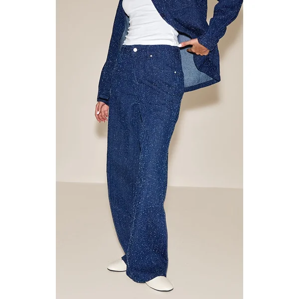 Bleu Foncé Jean En Denim Bouclé Taille Haute