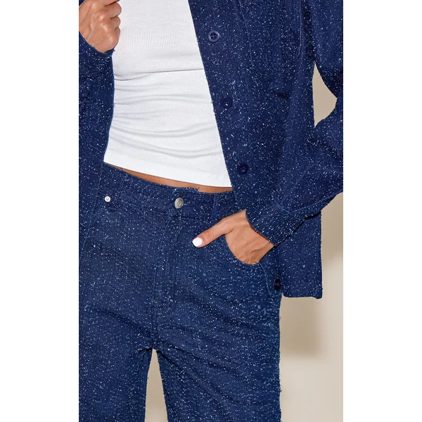 Bleu Foncé Jean En Denim Bouclé Taille Haute